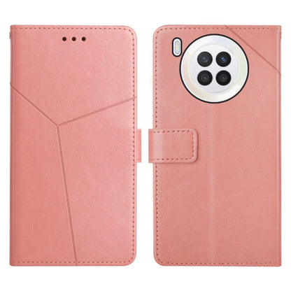 Pink leather flip phone case for Huawei nova 8i with stitched cross design and camera cutout