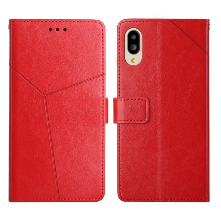 Red leather flip phone case with geometric stitched panels and camera cutout