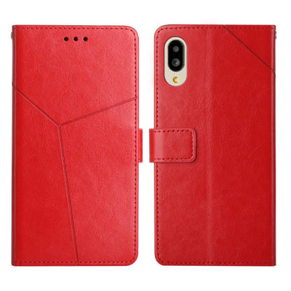 Red leather flip phone case with geometric stitched panels and camera cutout