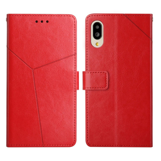 Red leather flip phone case with geometric stitched panels and camera cutout