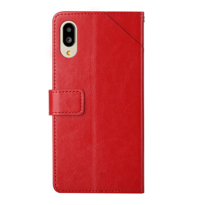 Red leather flip phone case, back view with camera cutout and center strap
