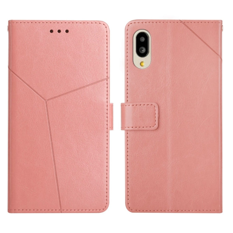 Pink leather flip phone case with horizontal y-stitch, camera cutout, card slot