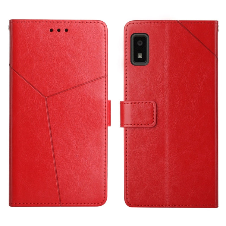 Red leather flip phone case with horizontal y-stitch, camera cutout, card slot