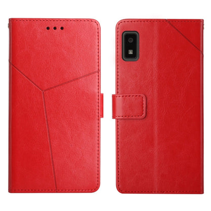 Red leather flip phone case with horizontal y-stitch, camera cutout, card slot