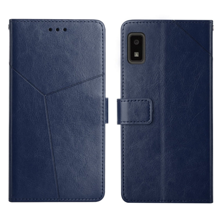 Blue leather flip phone case with horizontal y-stitch, camera cutout, card slot