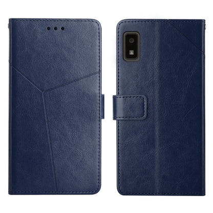 Blue leather flip phone case with horizontal y-stitch, camera cutout, card slot