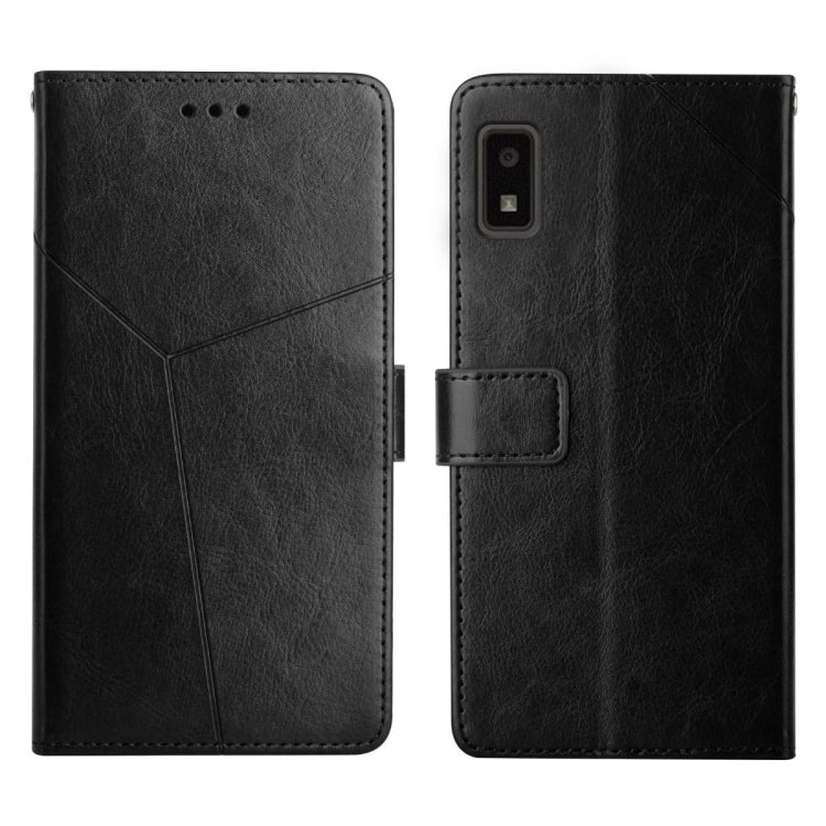 Black leather flip phone case with horizontal y-stitch, camera cutout, card slot