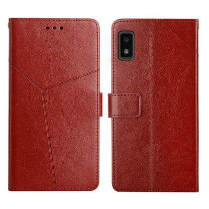Red leather flip phone case with horizontal y-stitch, camera cutout, card slot