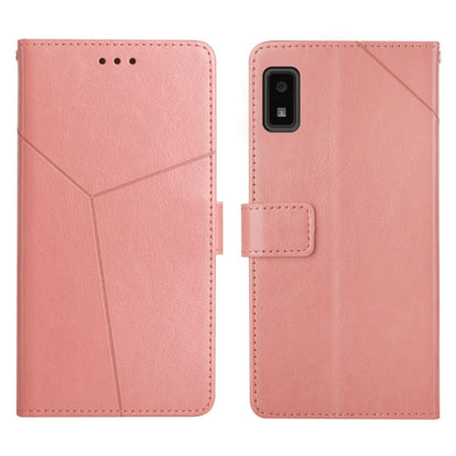 Rose-pink leather flip phone case with horizontal y-stitch, camera cutout, card slot