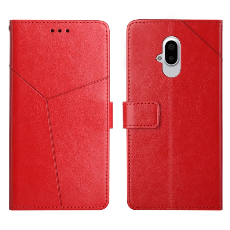Red leather flip phone case with horizontal y-stitch, camera cutout, card slot