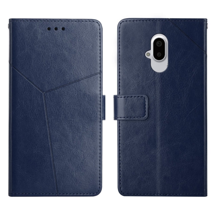 Blue leather flip phone case with horizontal y-stitch, camera cutout, card slot