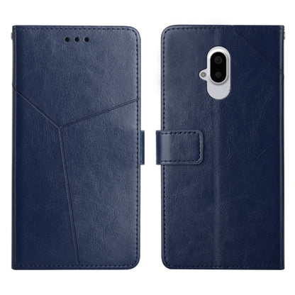 Blue leather flip phone case with horizontal y-stitch, camera cutout, card slot