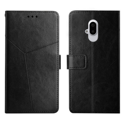 Black leather flip phone case with horizontal y-stitch, camera cutout, card slot