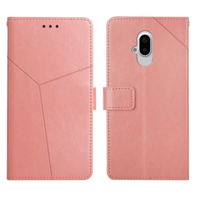 Rose pink leather flip phone case with horizontal stitching, card slot, and camera cutout