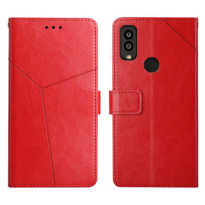 Red leather flip phone case with horizontal stitching, card slot, and camera cutout