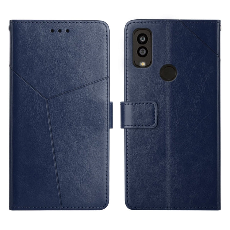 Blue leather flip phone case with horizontal stitching, card slot, and camera cutout