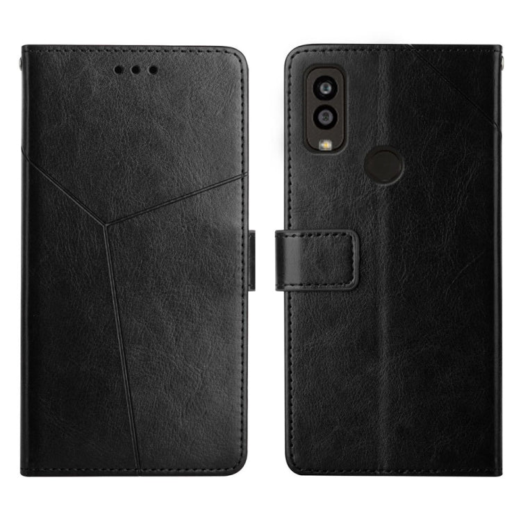 Black leather flip phone case with horizontal stitching, card slot, and camera cutout
