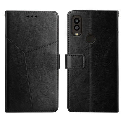 Black leather flip phone case with horizontal stitching, card slot, and camera cutout