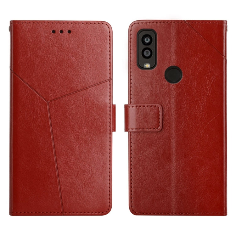 Red leather flip phone case with multi-lens camera cutout, card slot, and stitching