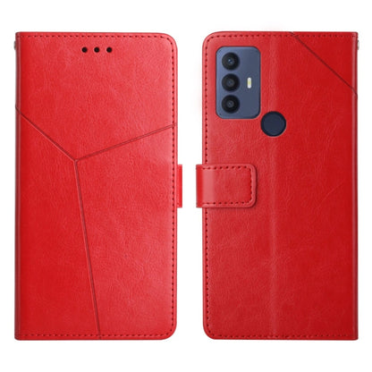 Red leather flip phone case with horizontal stitching, card slot, and multi-lens camera