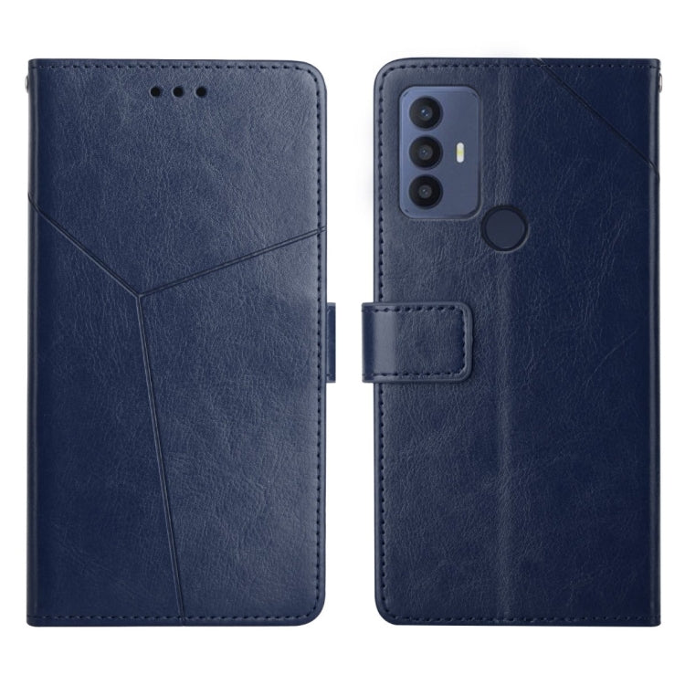 Blue leather flip phone case with horizontal stitching, card slot, and multi-lens camera