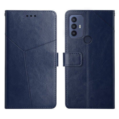 Blue leather flip phone case with horizontal stitching, card slot, and multi-lens camera