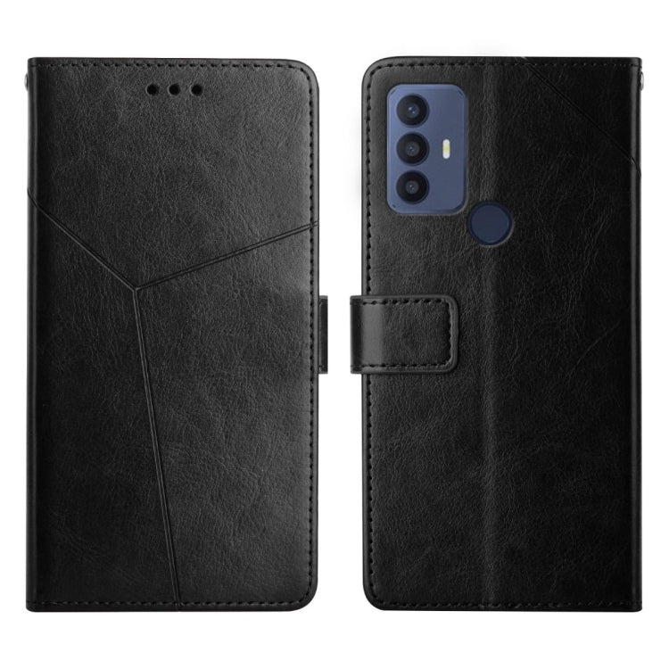 Black leather flip phone case with horizontal stitching, card slot, and multi-lens camera