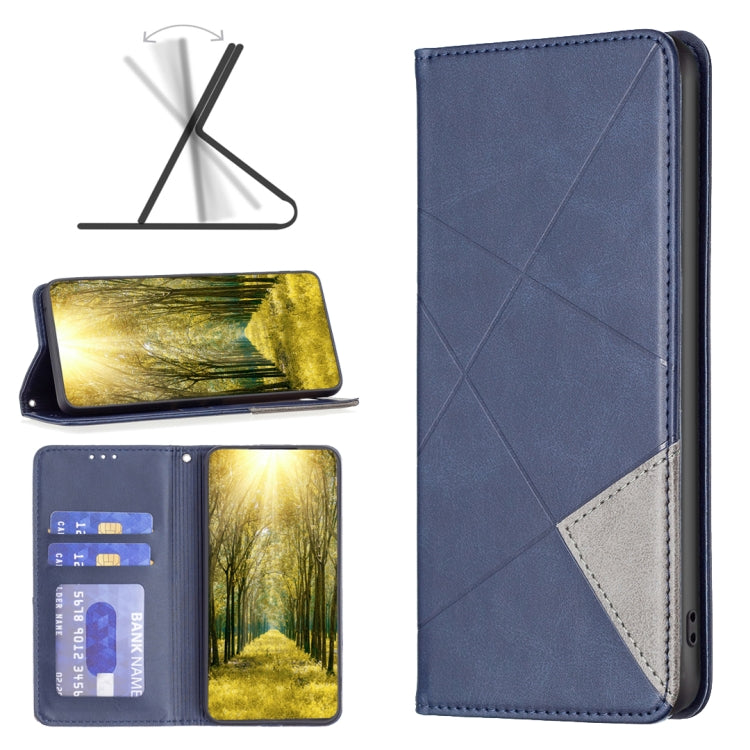Blue magnetic leather wallet phone case with card slots and diagonal stitching panel