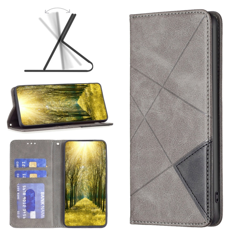 Grey magnetic folio leather phone case with geometric stitch pattern