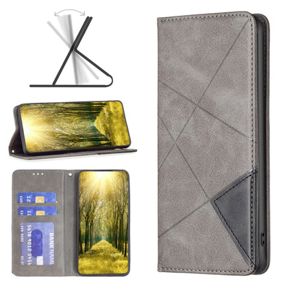Grey magnetic folio leather phone case with geometric stitch pattern