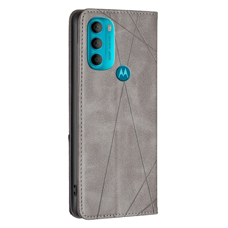 Grey magnetic leather phone case with textured geometric panel and camera cutout