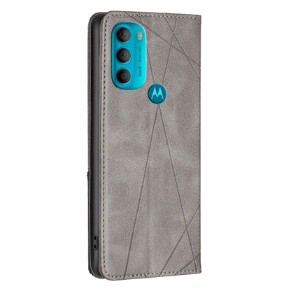 Grey magnetic leather phone case with textured geometric panel and camera cutout