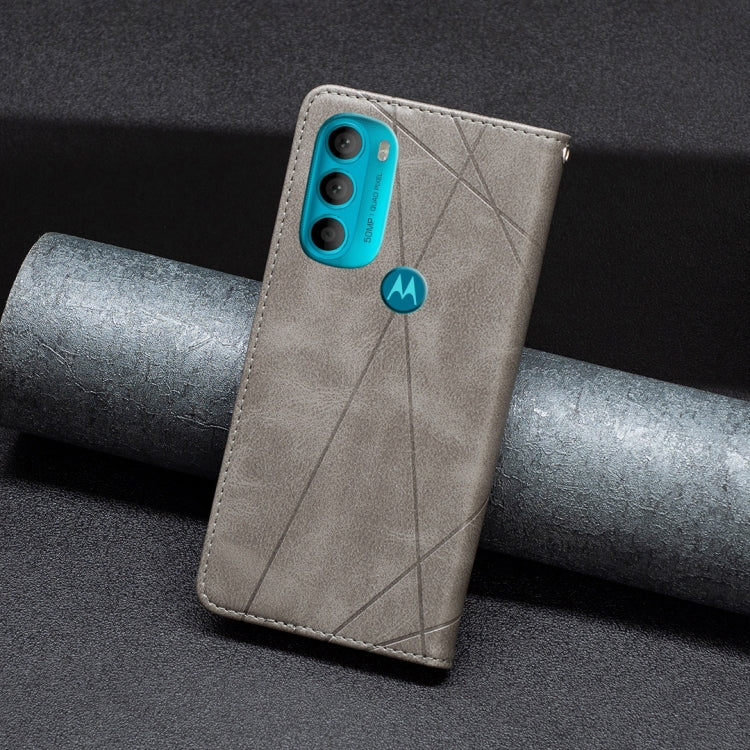 Grey leather folio phone case with diagonal stitching and built-in phone holder