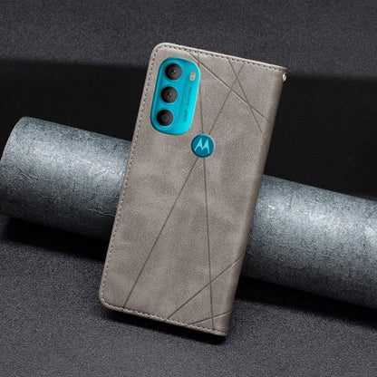 Grey leather folio phone case with diagonal stitching and built-in phone holder