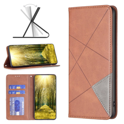 Brown magnetic folio leather phone case with geometric stitch detail