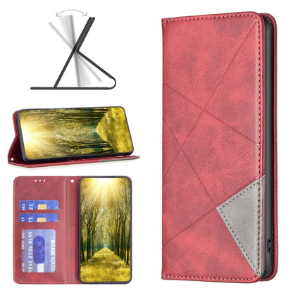 Red leather-look phone folio case with geometric pattern and card slots