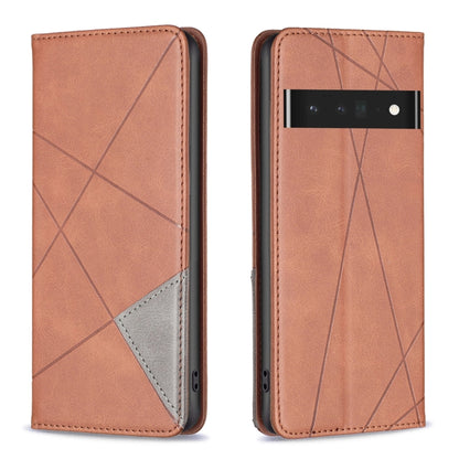 Brown prismatic magnetic leather phone case with fold cover, diagonal pattern, and side camera cutout