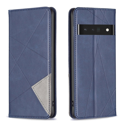 Blue prismatic magnetic leather phone case with fold cover, diagonal pattern, and side button cutouts
