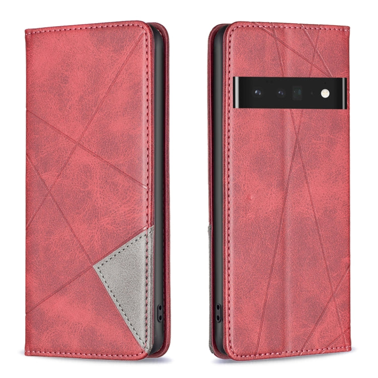 Red prismatic magnetic leather phone case with fold cover, diagonal pattern, and camera cutout