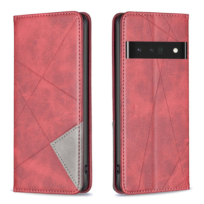 Red prismatic magnetic leather phone case with fold cover, diagonal pattern, and camera cutout