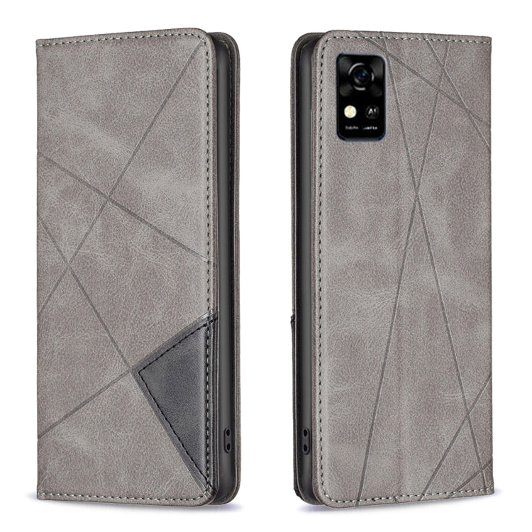 Grey prismatic magnetic leather phone case with fold cover, diagonal pattern, and camera opening