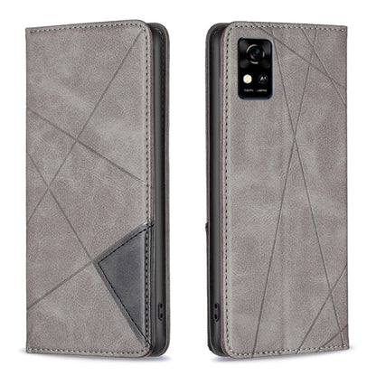 Grey prismatic magnetic leather phone case with fold cover, diagonal pattern, and camera opening