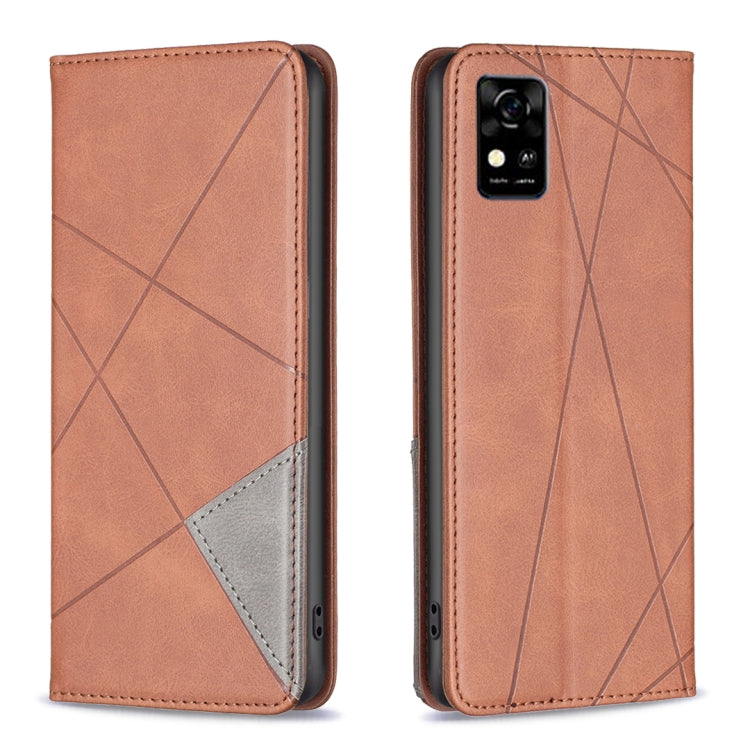 Brown prismatic magnetic leather phone case with fold cover, diagonal pattern, and camera window