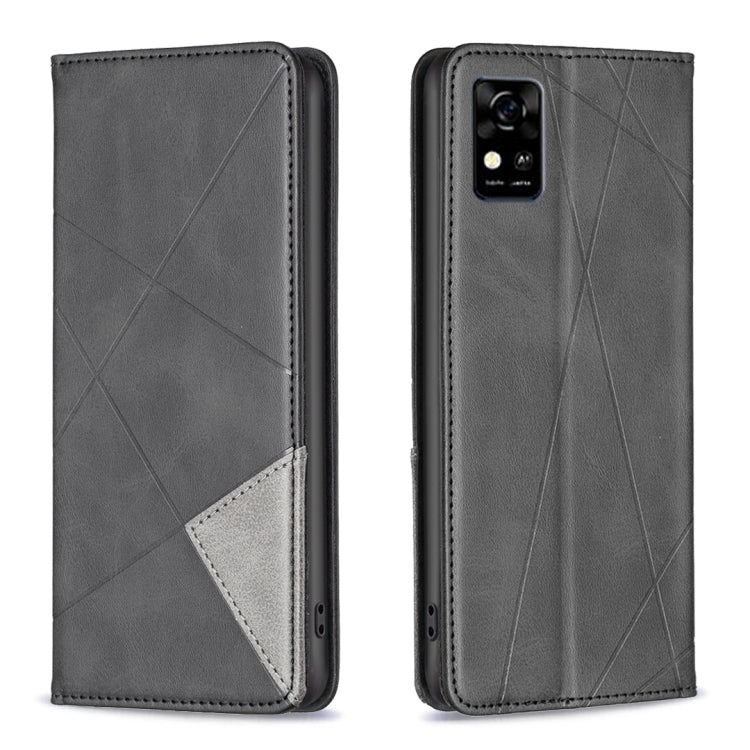 Grey prismatic magnetic leather phone case with fold cover, diagonal pattern, and rear camera cutout