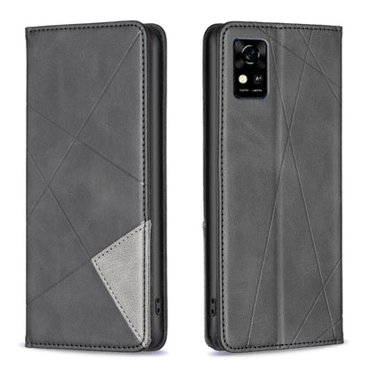 Grey prismatic magnetic leather phone case with fold cover, diagonal pattern, and rear camera cutout