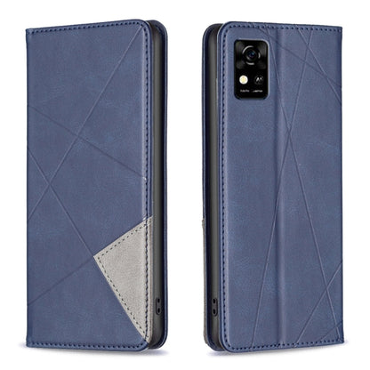 Blue prismatic magnetic leather phone case with fold cover, diagonal pattern, and camera window