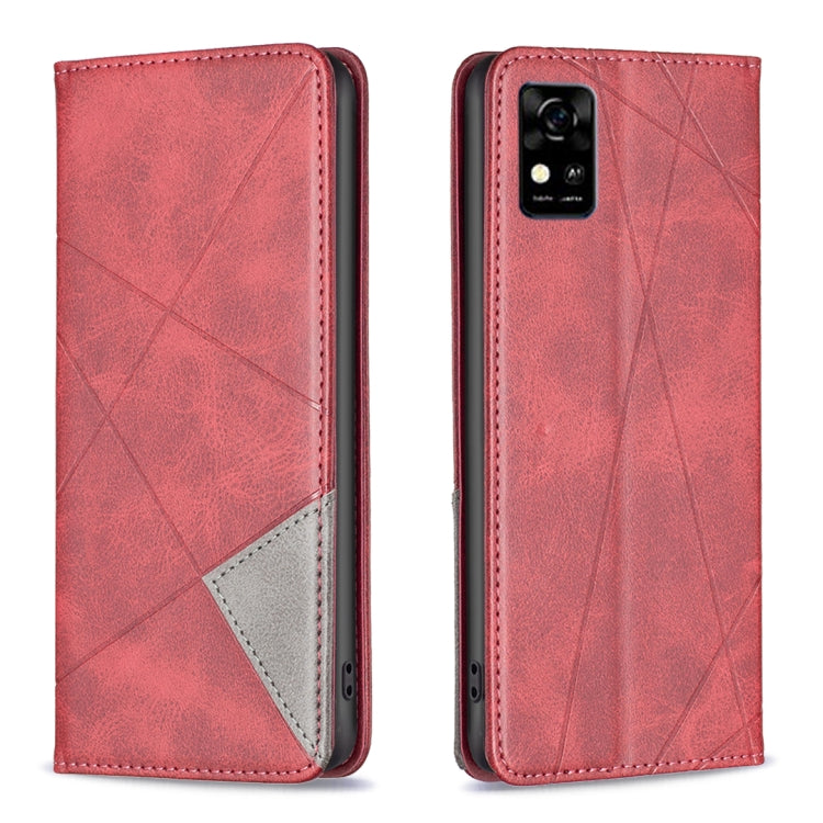 Red leather magnetic phone case with stitched edges and camera cutout