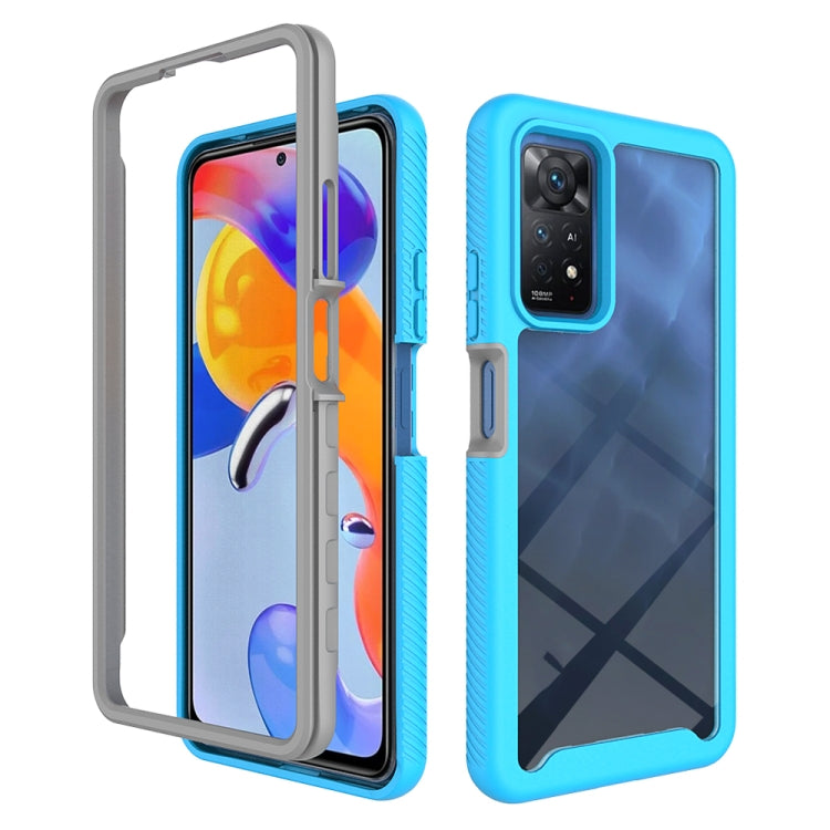 Sky blue phone case with clear TPU bumper and camera cutout, raised corner protection