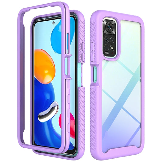 Purple PC + TPU phone case with raised edges and camera cutout, textured side grips