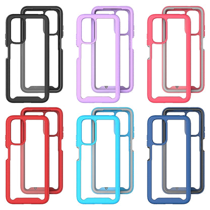 Phone cases in multiple colors with TPU frame and camera cutouts, shown front and back